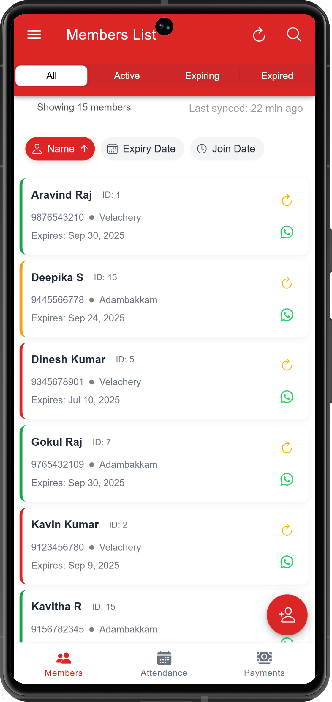 GymMate member list screen