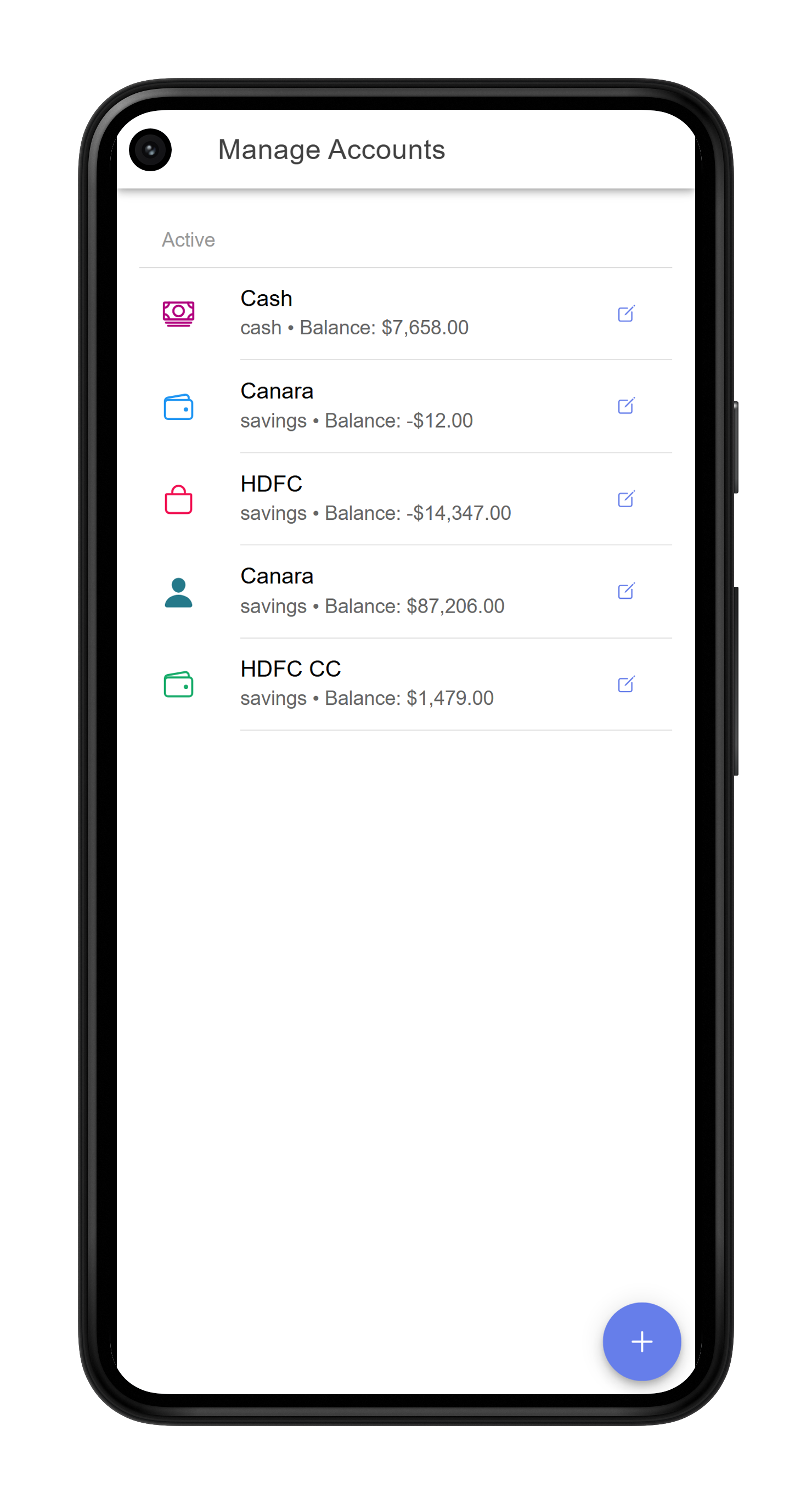 MoneyMate accounts screen