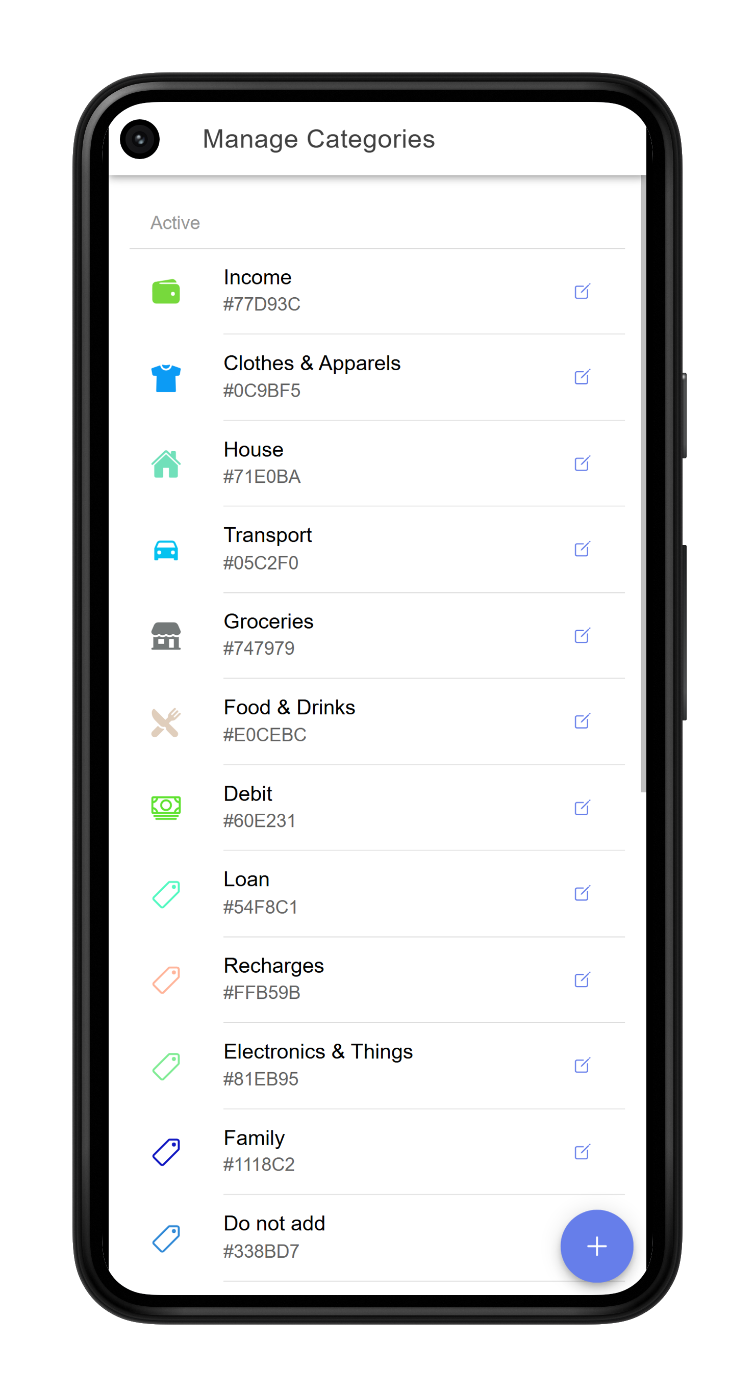 MoneyMate categories screen