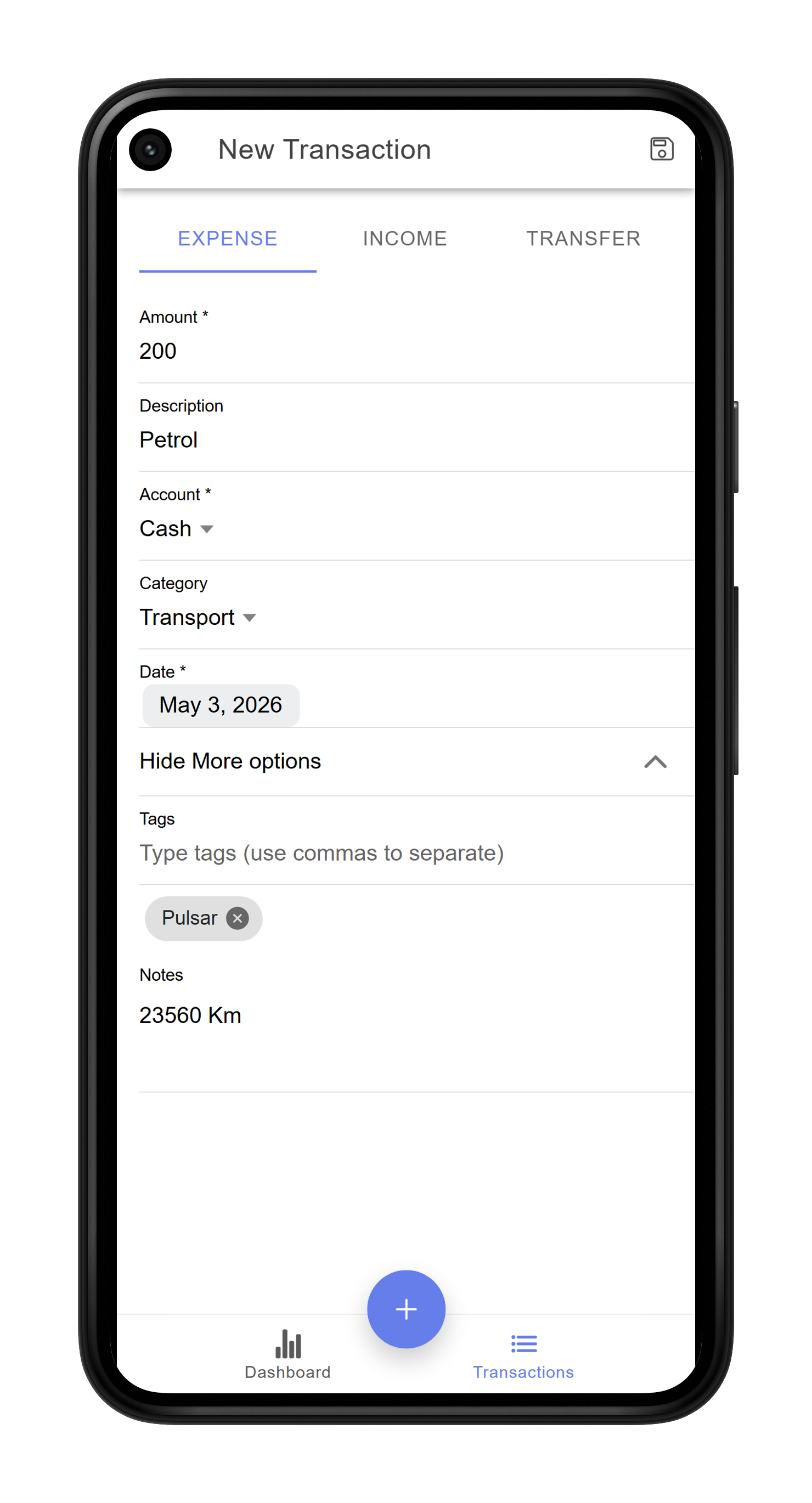 MoneyMate create transaction screen