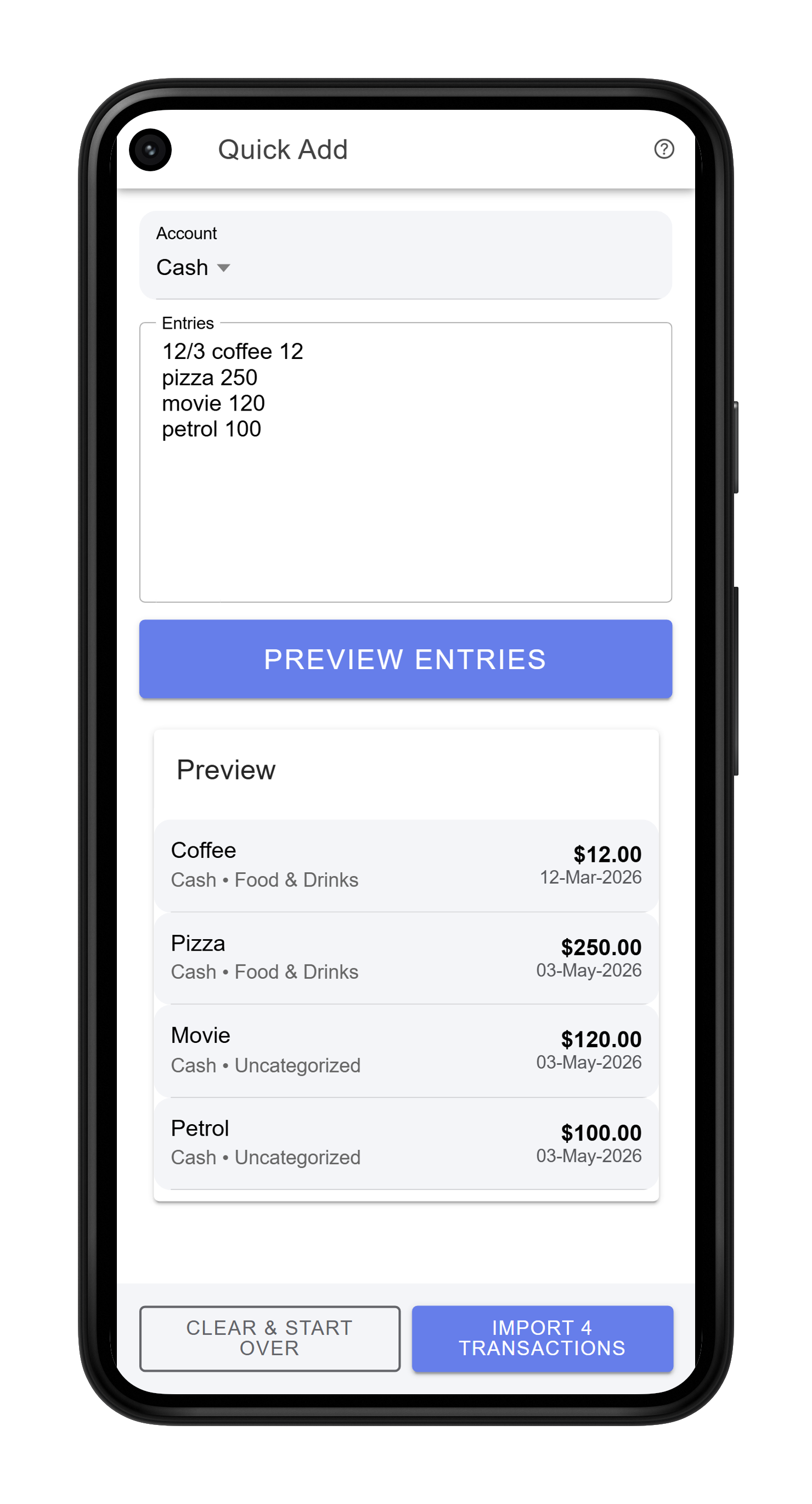 MoneyMate transactions screen