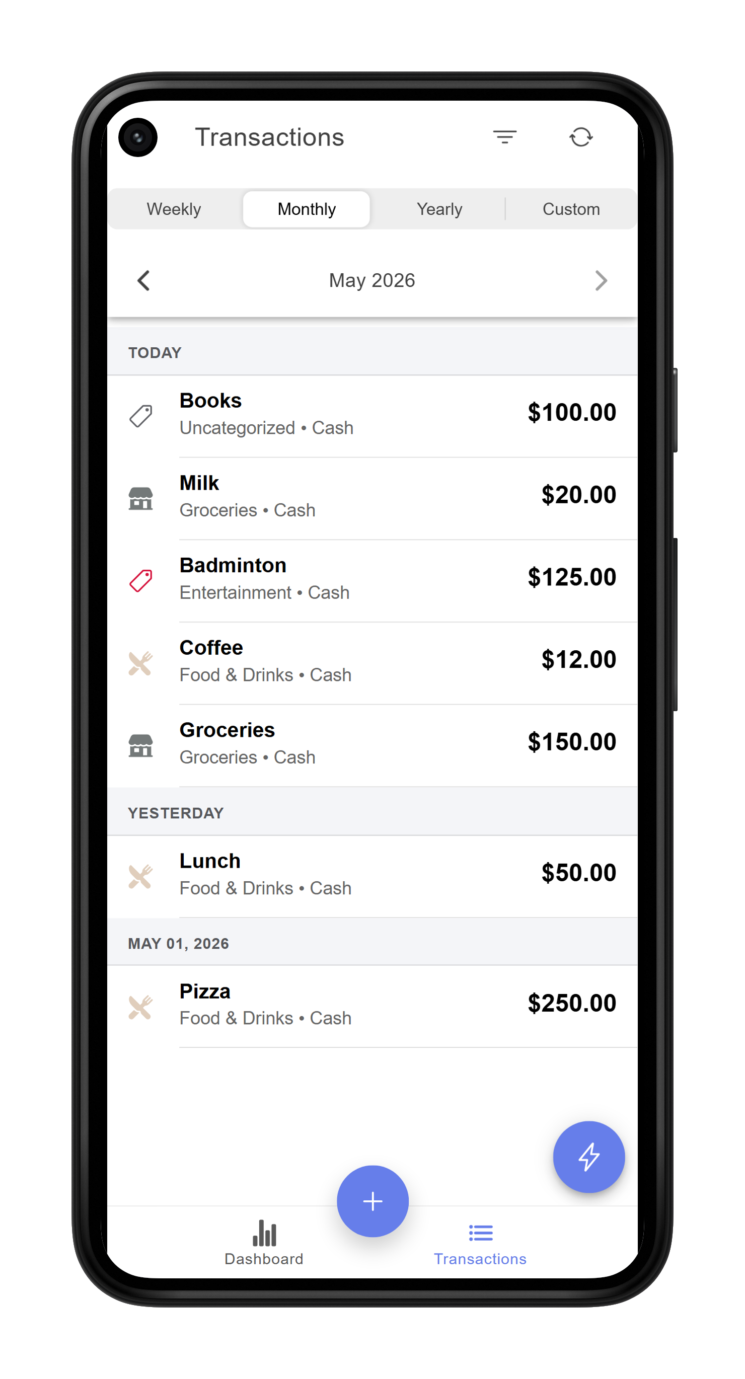MoneyMate transaction list screen